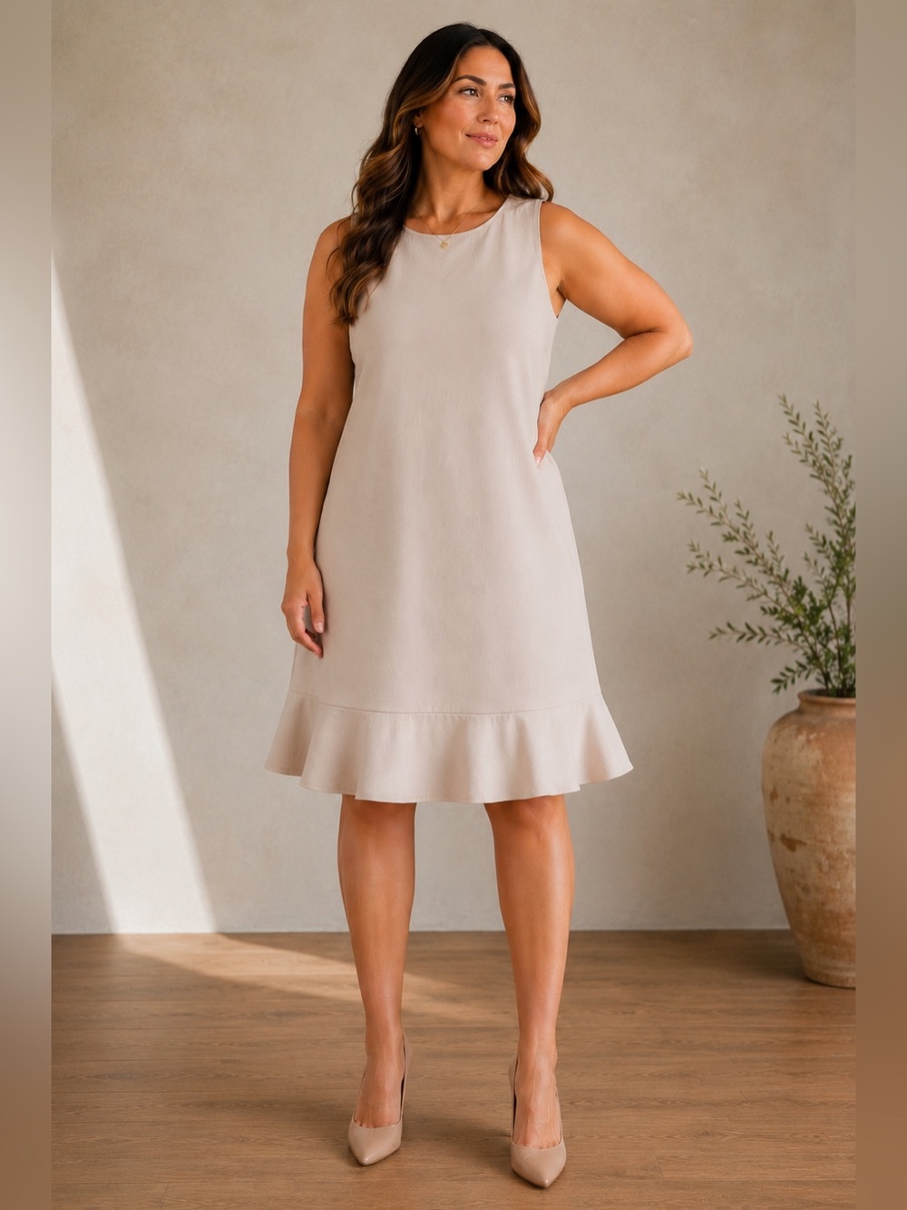 Preston & York Ruffled Hem Shift‎ Dress NWT Size 14 Beige Biscotti